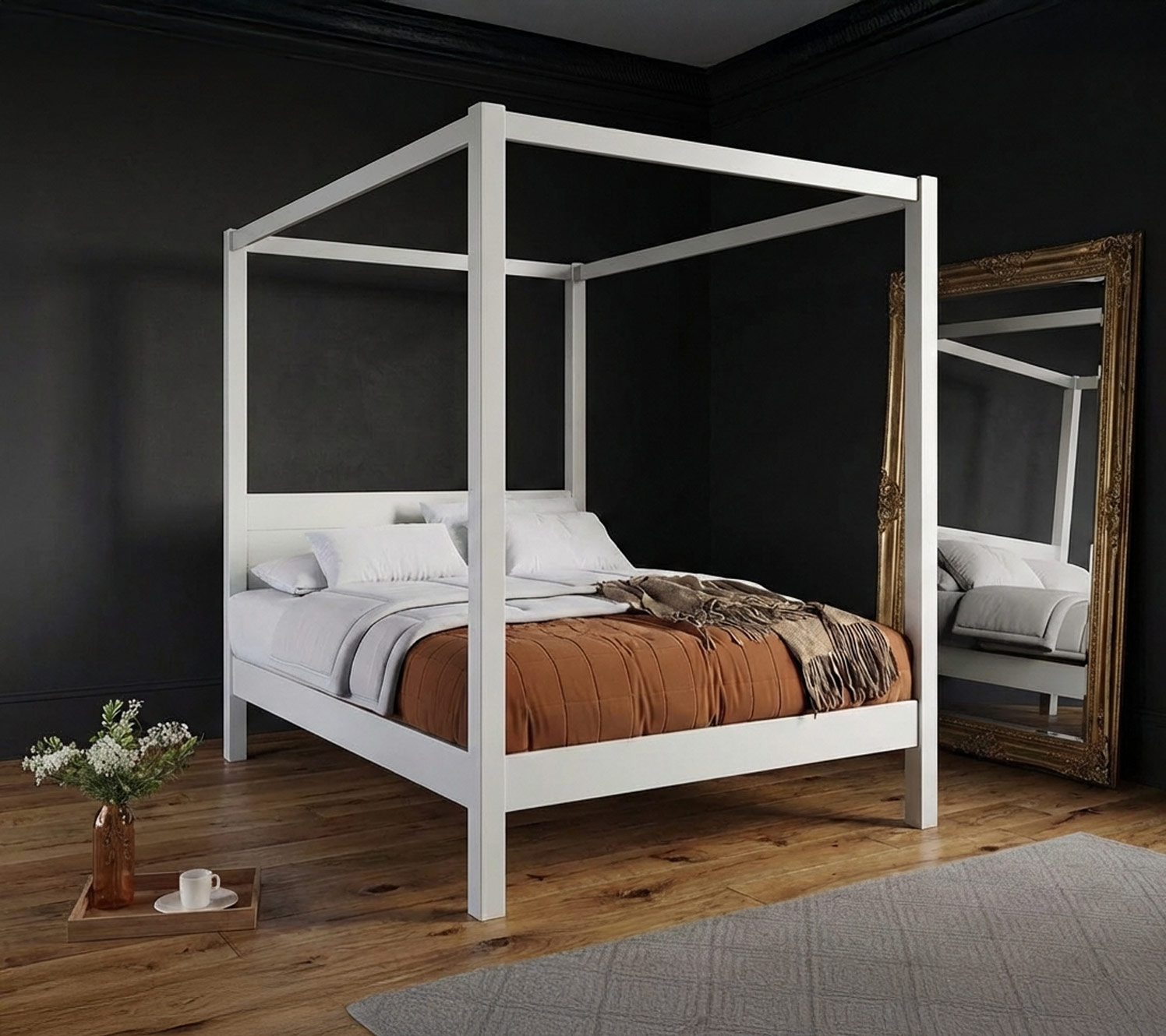 Specchi dorati in una camera da letto nera e oro