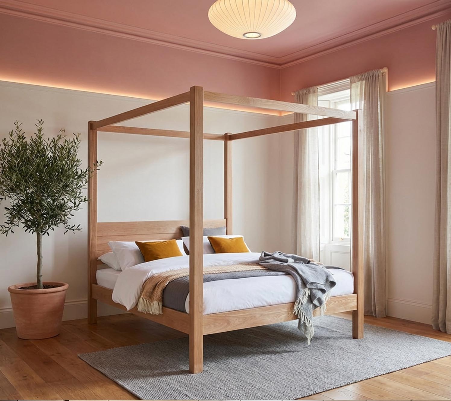 Idee camera da letto rosa con soffitto rosa